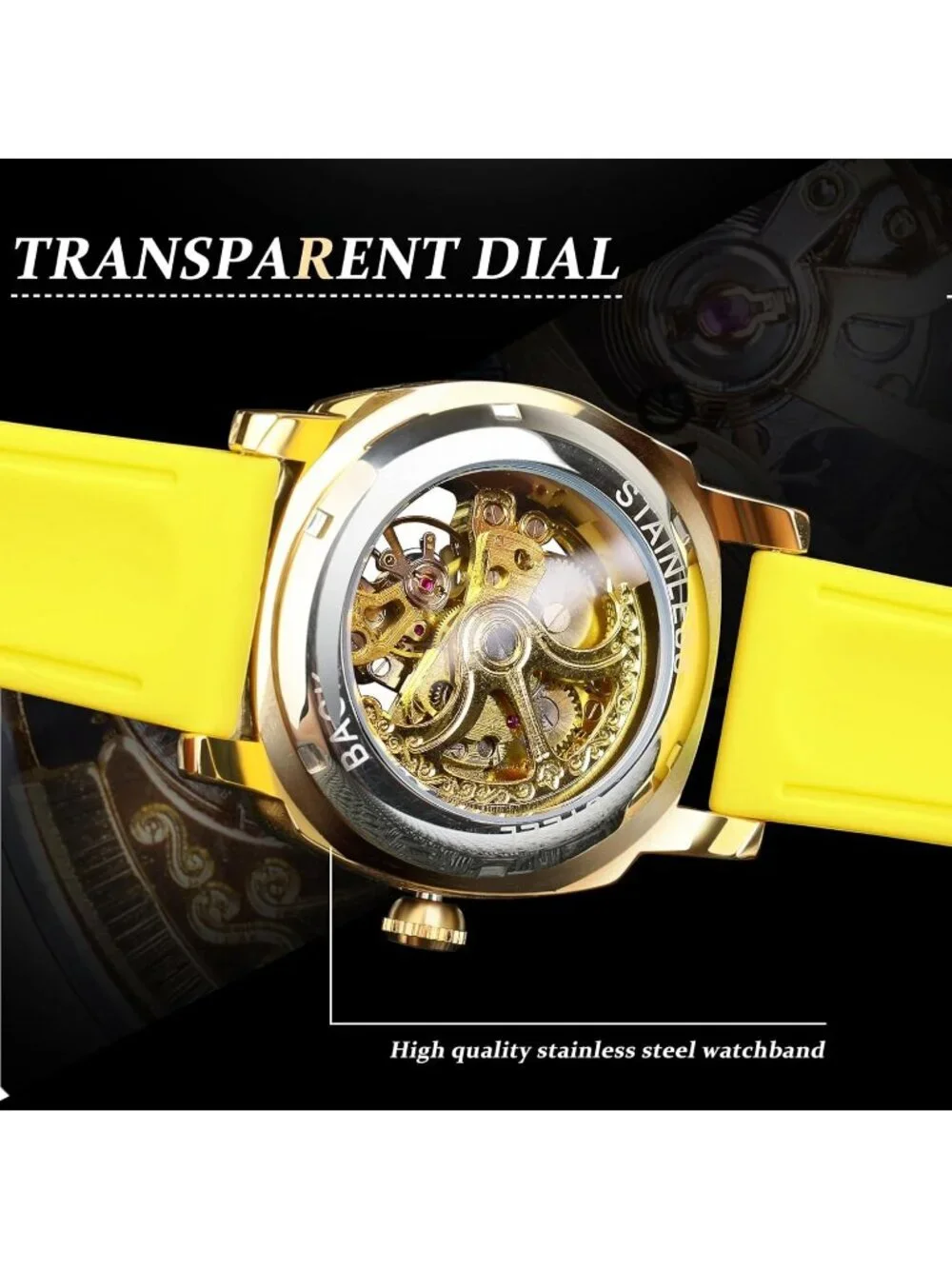 Men's Yellow Square Mechanical Rubber Strap Self-Wind Carved Automatic Watch